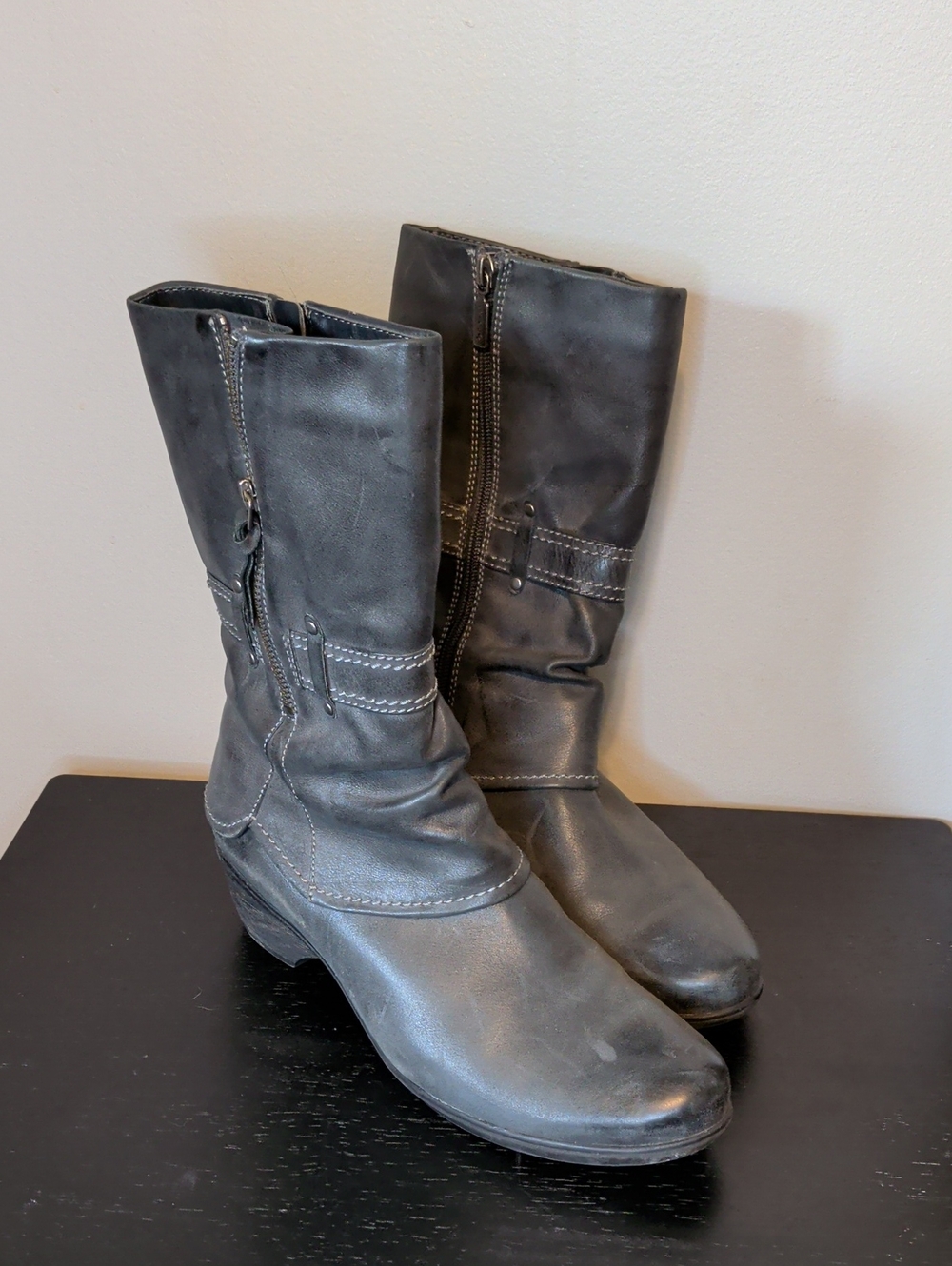 Blondo Dark Grey Leather Mid-Calf Moto Boots